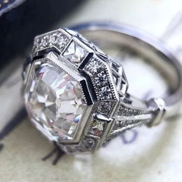 Unique Octagon Shape Retro Silver Ring for Women Royal CZ Ring HA4672-9